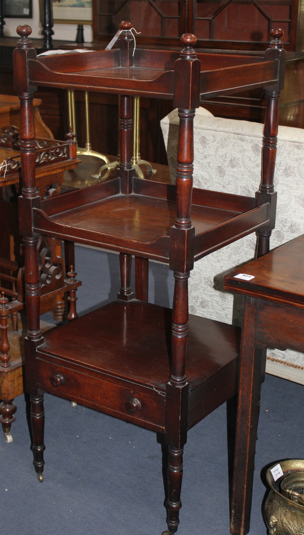 A Regency mahogany whatnot, with base drawer, W.52cm D.48cm H.130cm